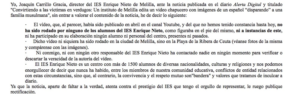 Desmentido de D. Joaquín Carrillo Gracia, Director del IES "Enrique Nieto"
