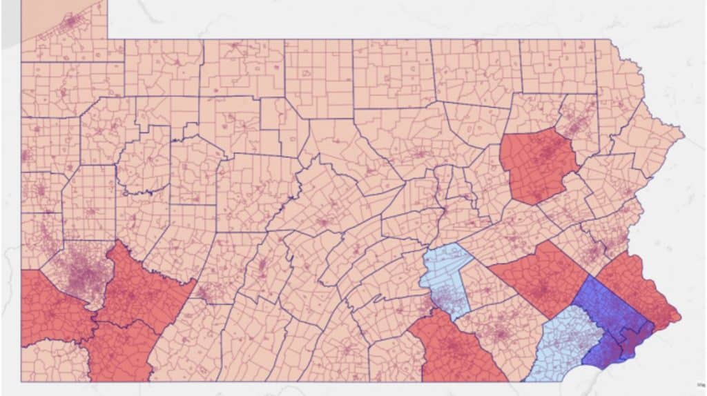 Distribución cartográfica de la registración de votantes republicanos, dividido por condados del estado de Pensilvania, semana del 31/8 al 7/9. Rojo: republicano, Azul: demócrata.