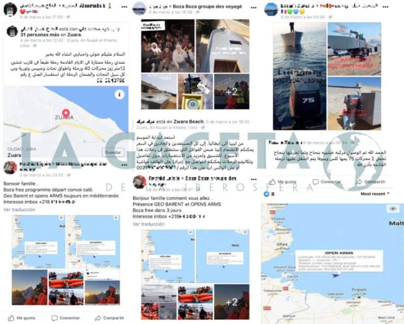 Publicaciones en grupos y páginas controladas por las mafias que operan en Libia. Fuente: Facebook